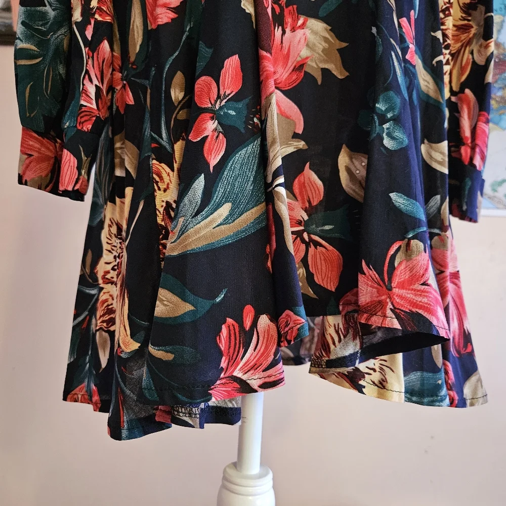 Green And Pink Floral Print Surplice Front Belted Dress